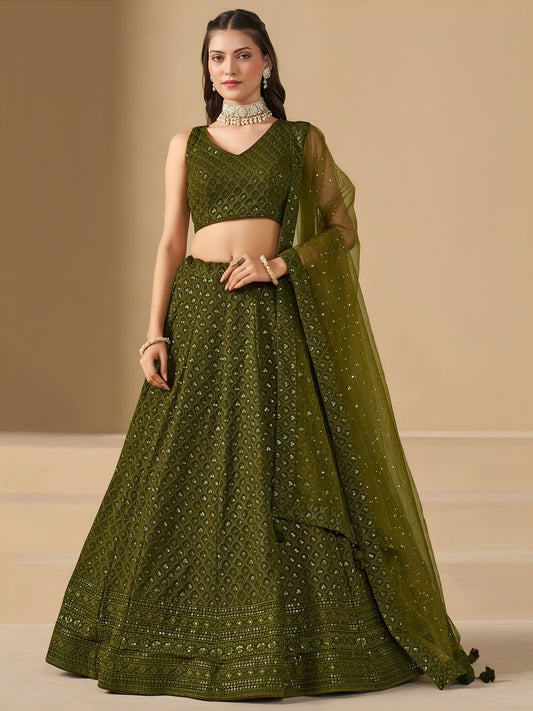 Mehndi Georgette Semi-Stitched Lehenga Choli with Soft Net Dupatta