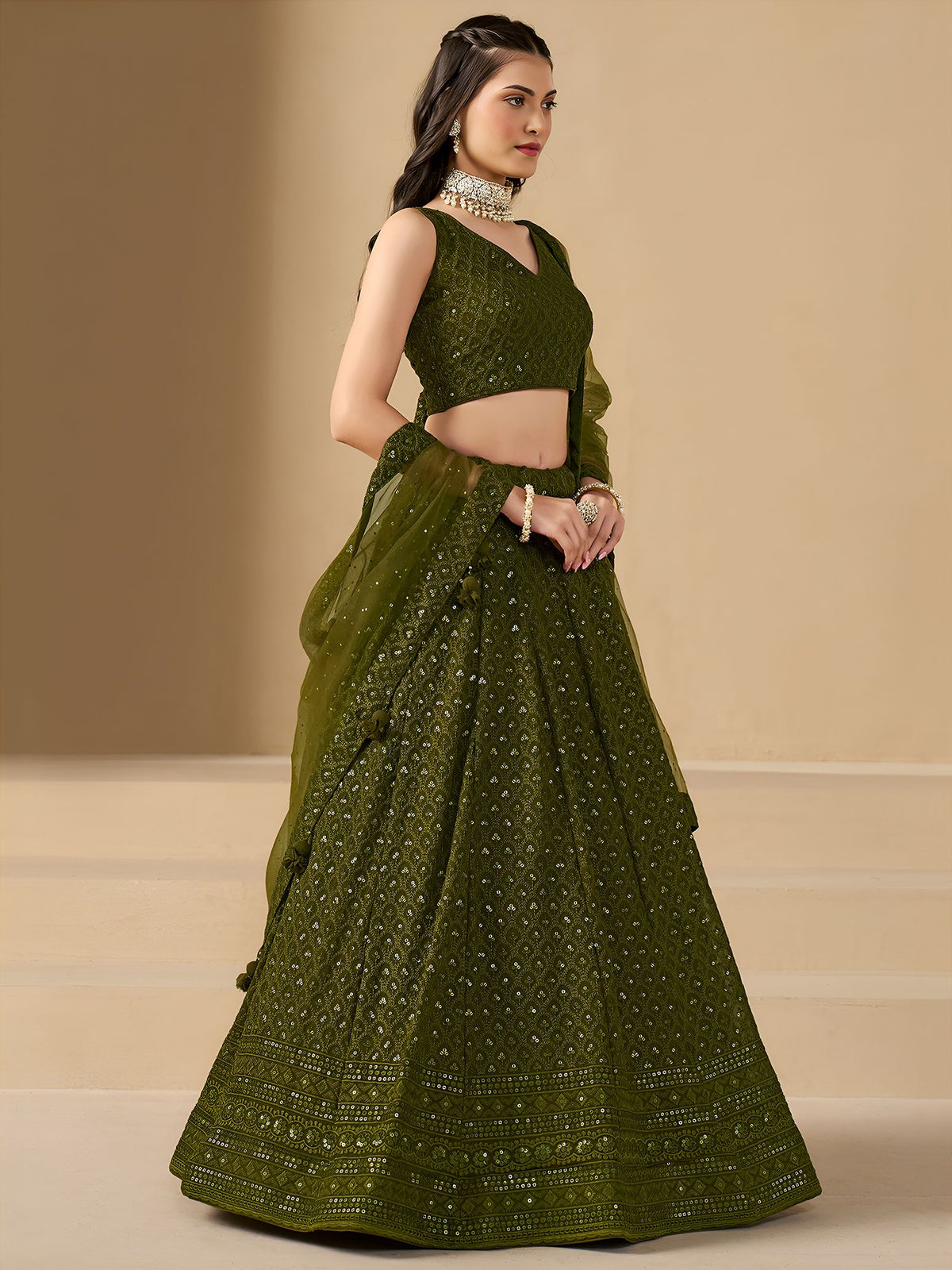 Mehndi Georgette Semi-Stitched Lehenga Choli with Soft Net Dupatta
