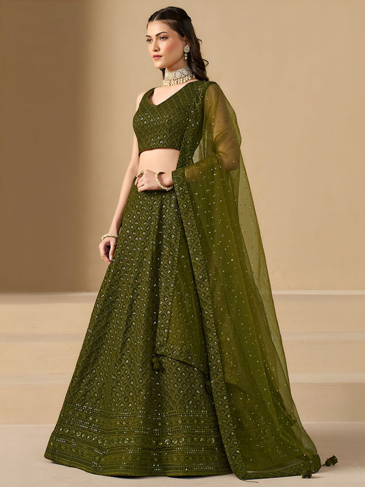 Mehndi Georgette Semi-Stitched Lehenga Choli with Soft Net Dupatta
