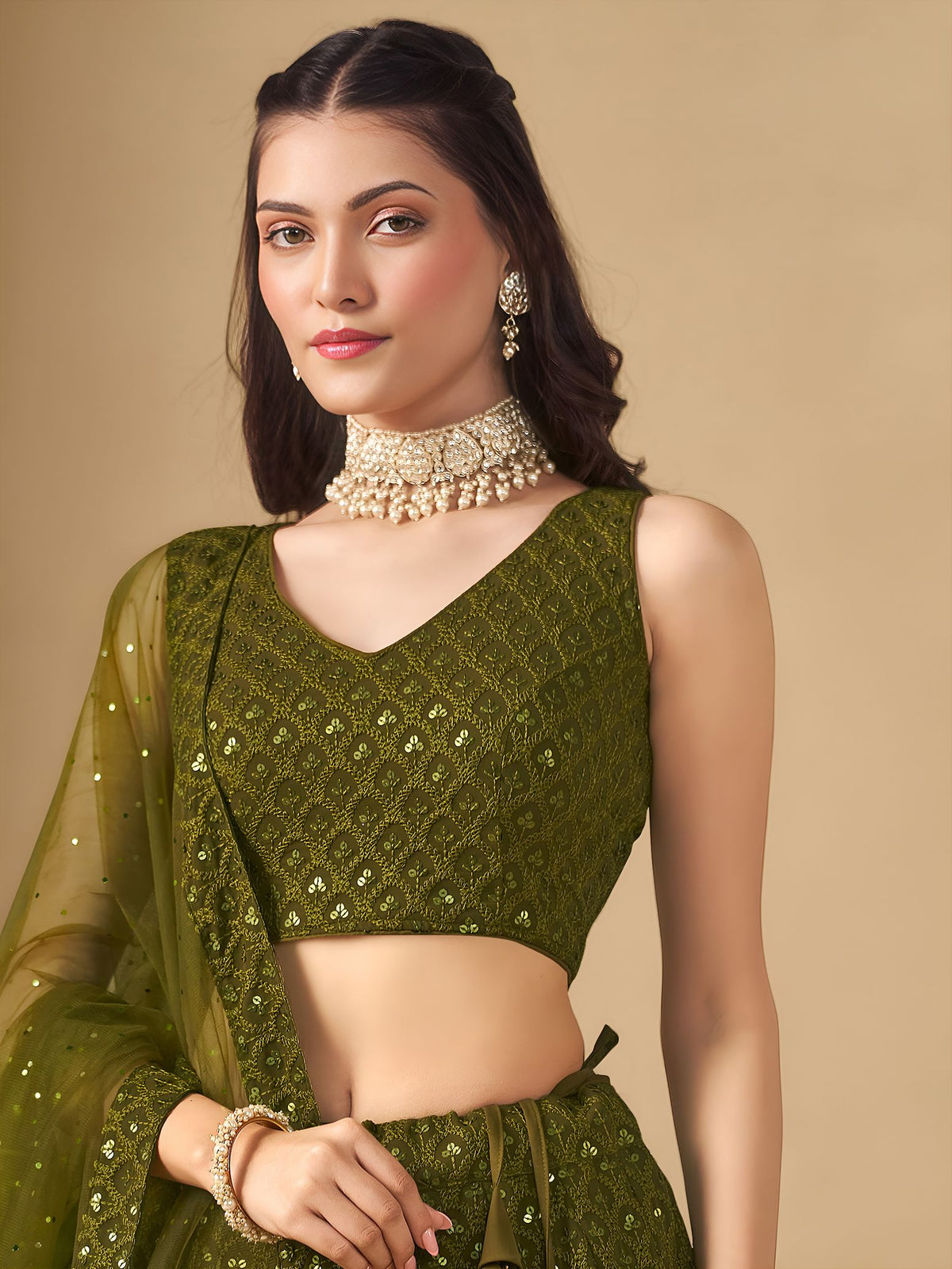 Mehndi Georgette Semi-Stitched Lehenga Choli with Soft Net Dupatta