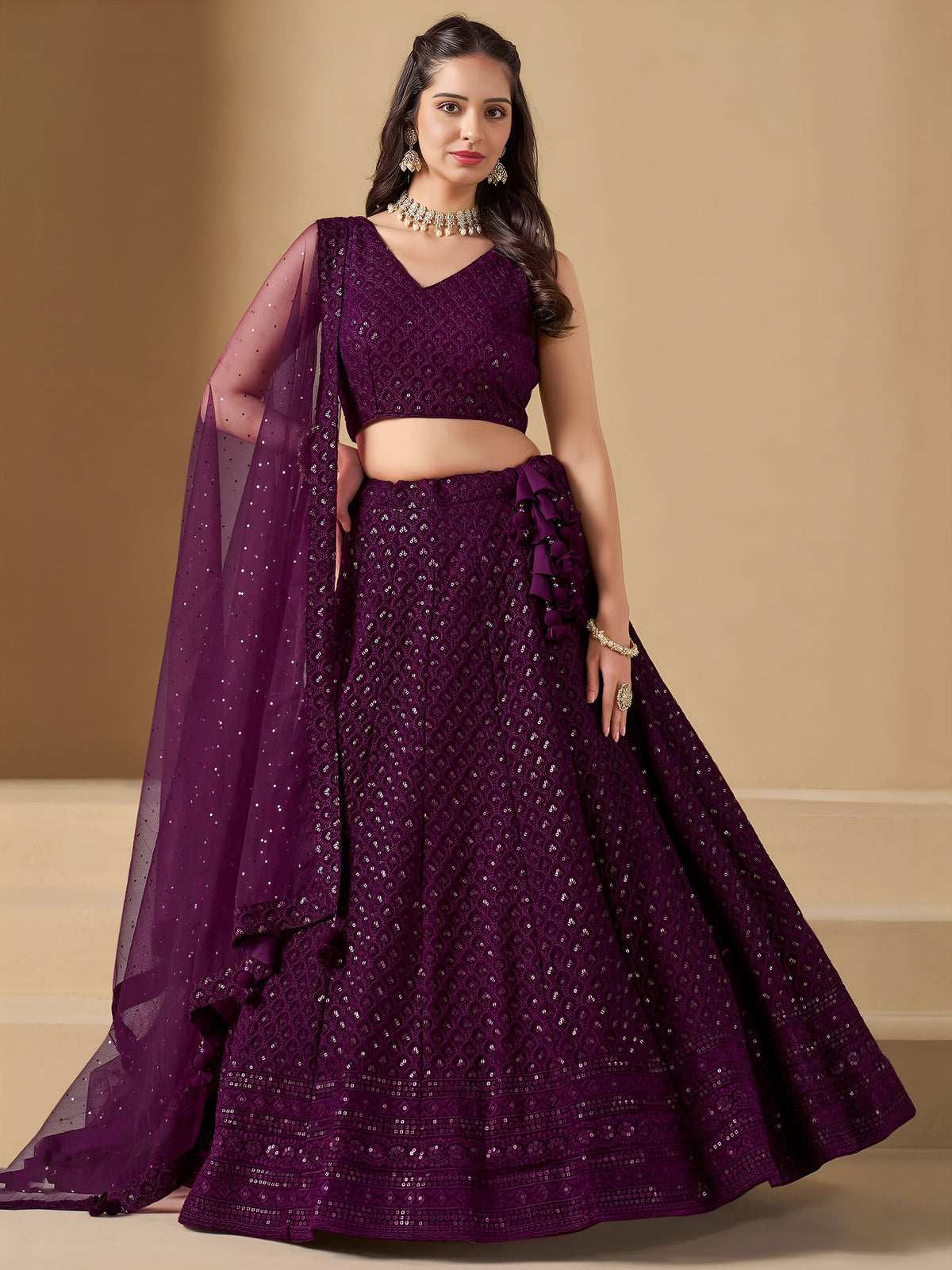Wine Georgette Semi-Stitched Lehenga Choli with Soft Net Dupatta