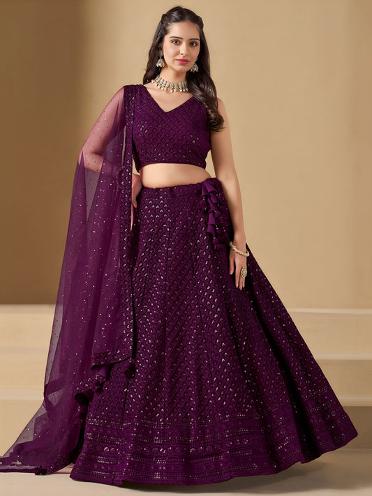 Wine Georgette Semi-Stitched Lehenga Choli with Soft Net Dupatta