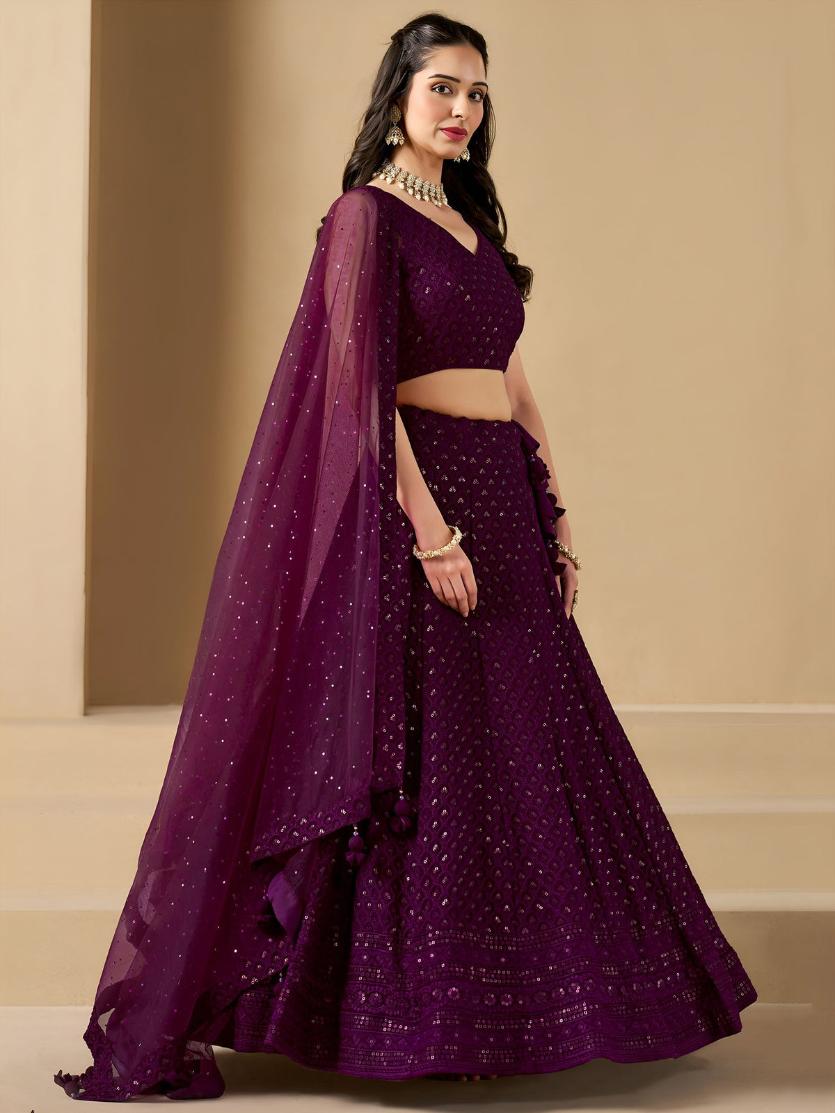 Wine Georgette Semi-Stitched Lehenga Choli with Soft Net Dupatta