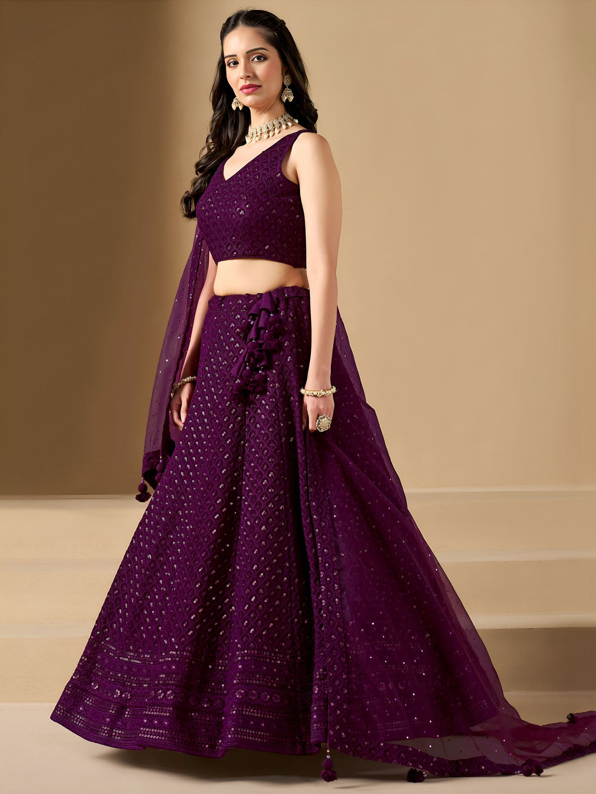 Wine Georgette Semi-Stitched Lehenga Choli with Soft Net Dupatta