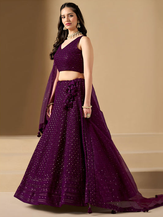Wine Georgette Semi-Stitched Lehenga Choli with Soft Net Dupatta