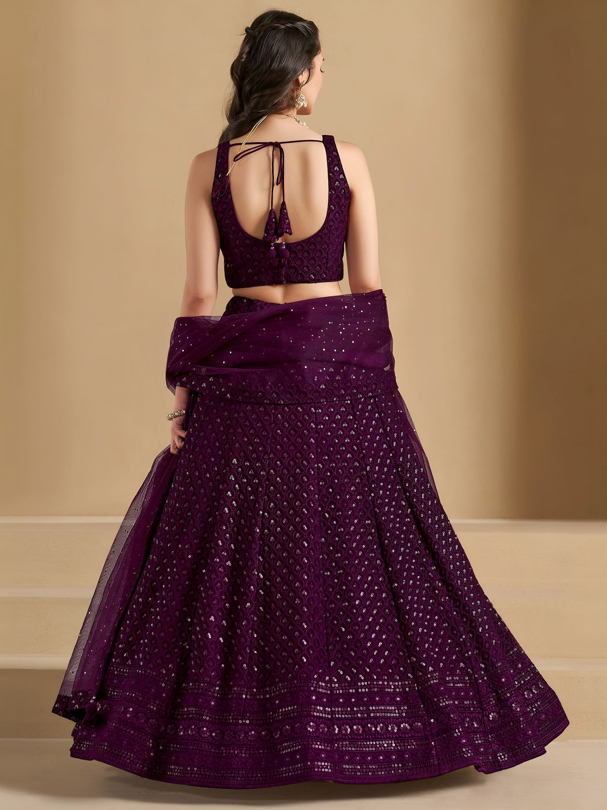 Wine Georgette Semi-Stitched Lehenga Choli with Soft Net Dupatta