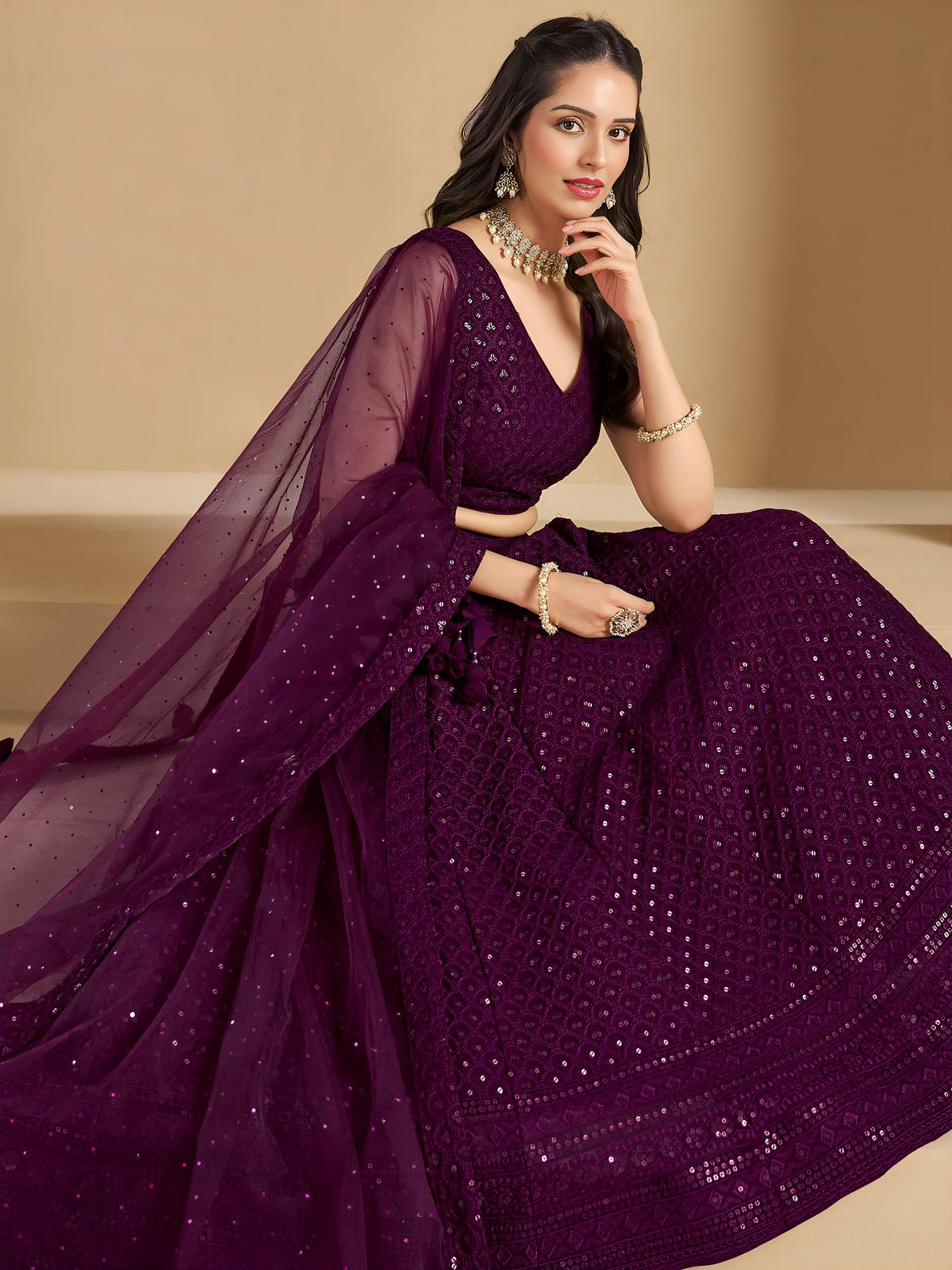Wine Georgette Semi-Stitched Lehenga Choli with Soft Net Dupatta