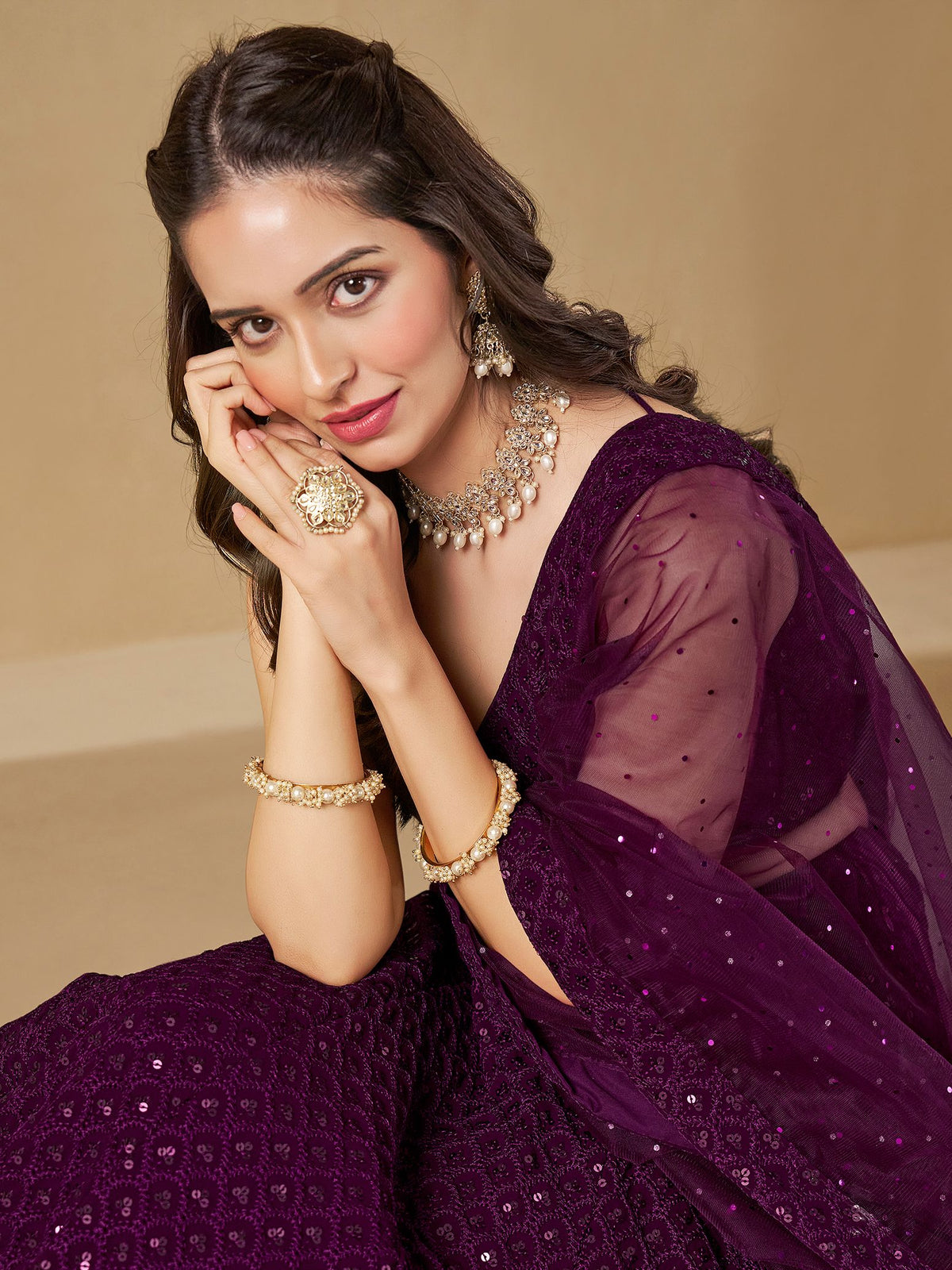 Wine Georgette Semi-Stitched Lehenga Choli with Soft Net Dupatta