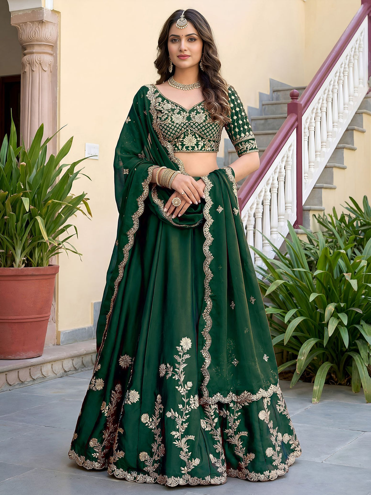 Green Rangoli Silk Lehenga Choli Semi-Stitched