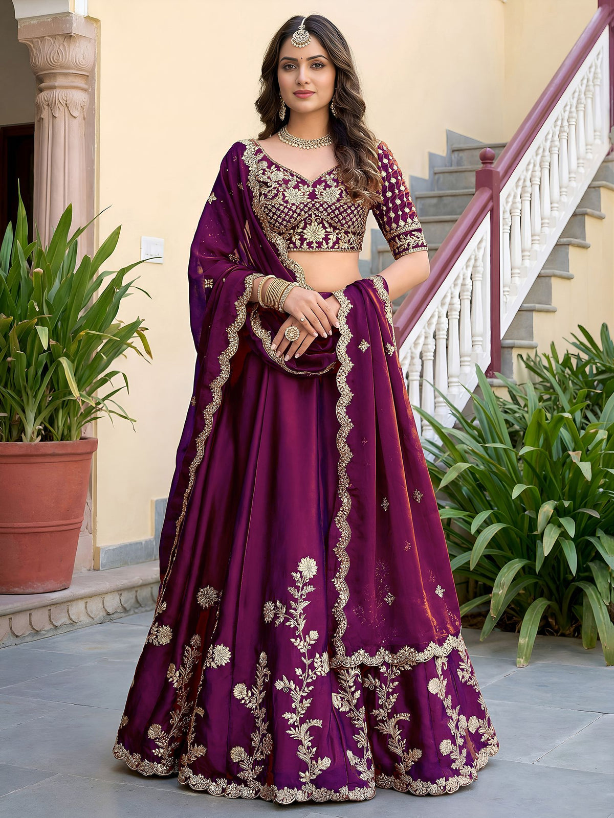 Wine Rangoli Silk Lehenga Choli Semi-Stitched