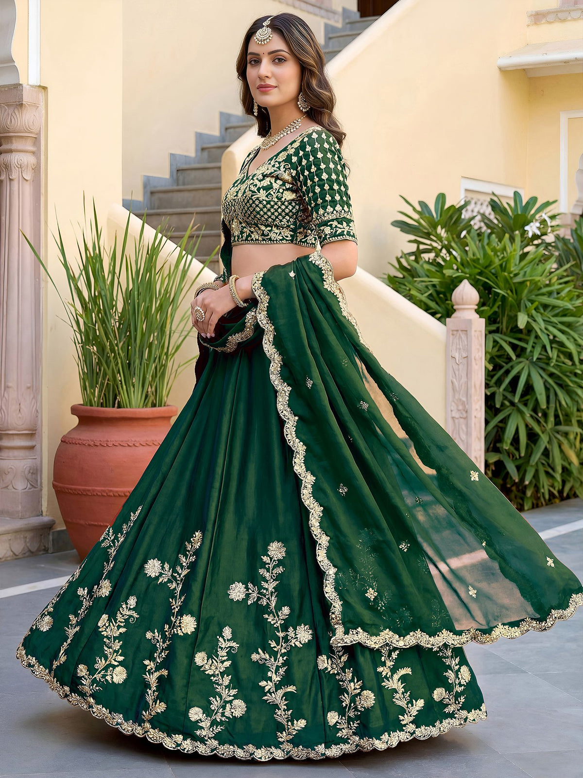 Green Rangoli Silk Lehenga Choli Semi-Stitched