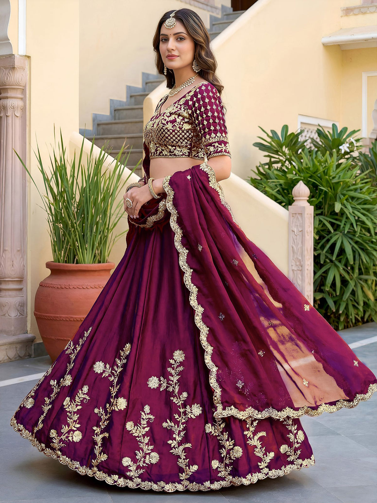 Wine Rangoli Silk Lehenga Choli Semi-Stitched