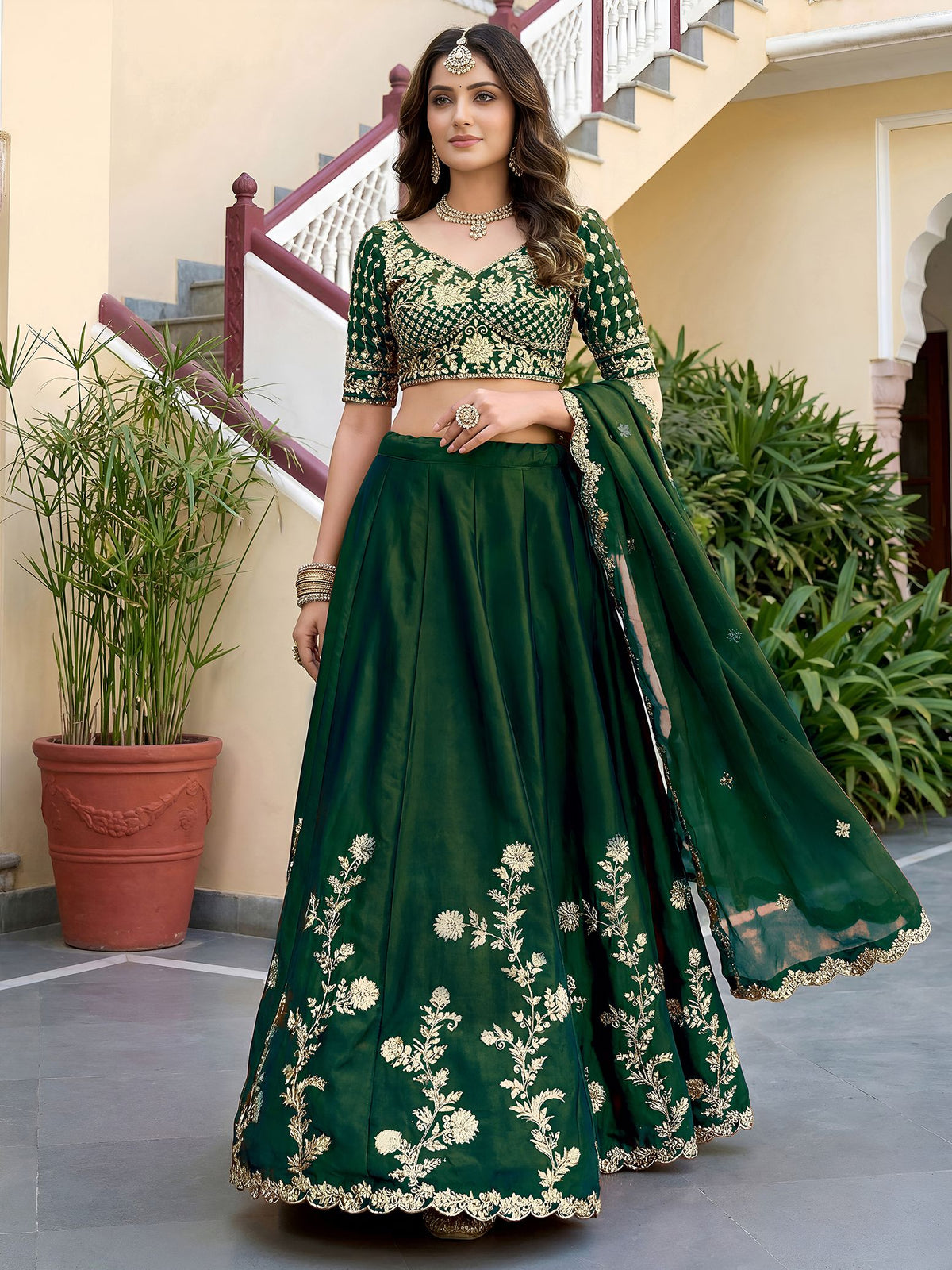 Green Rangoli Silk Lehenga Choli Semi-Stitched