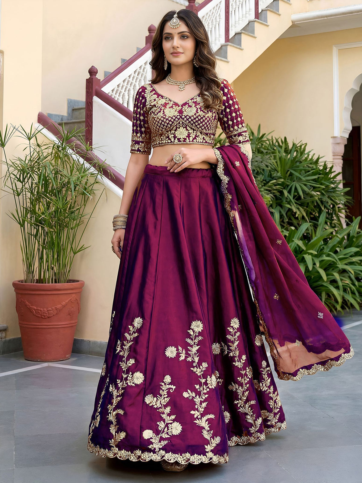 Wine Rangoli Silk Lehenga Choli Semi-Stitched