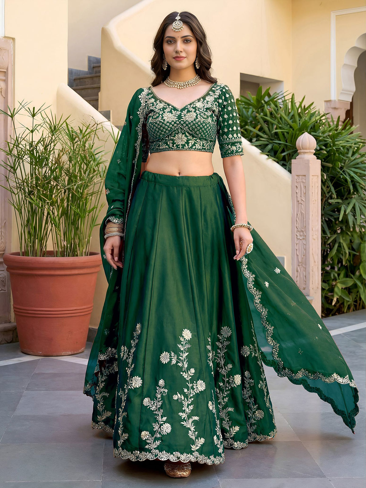 Green Rangoli Silk Lehenga Choli Semi-Stitched