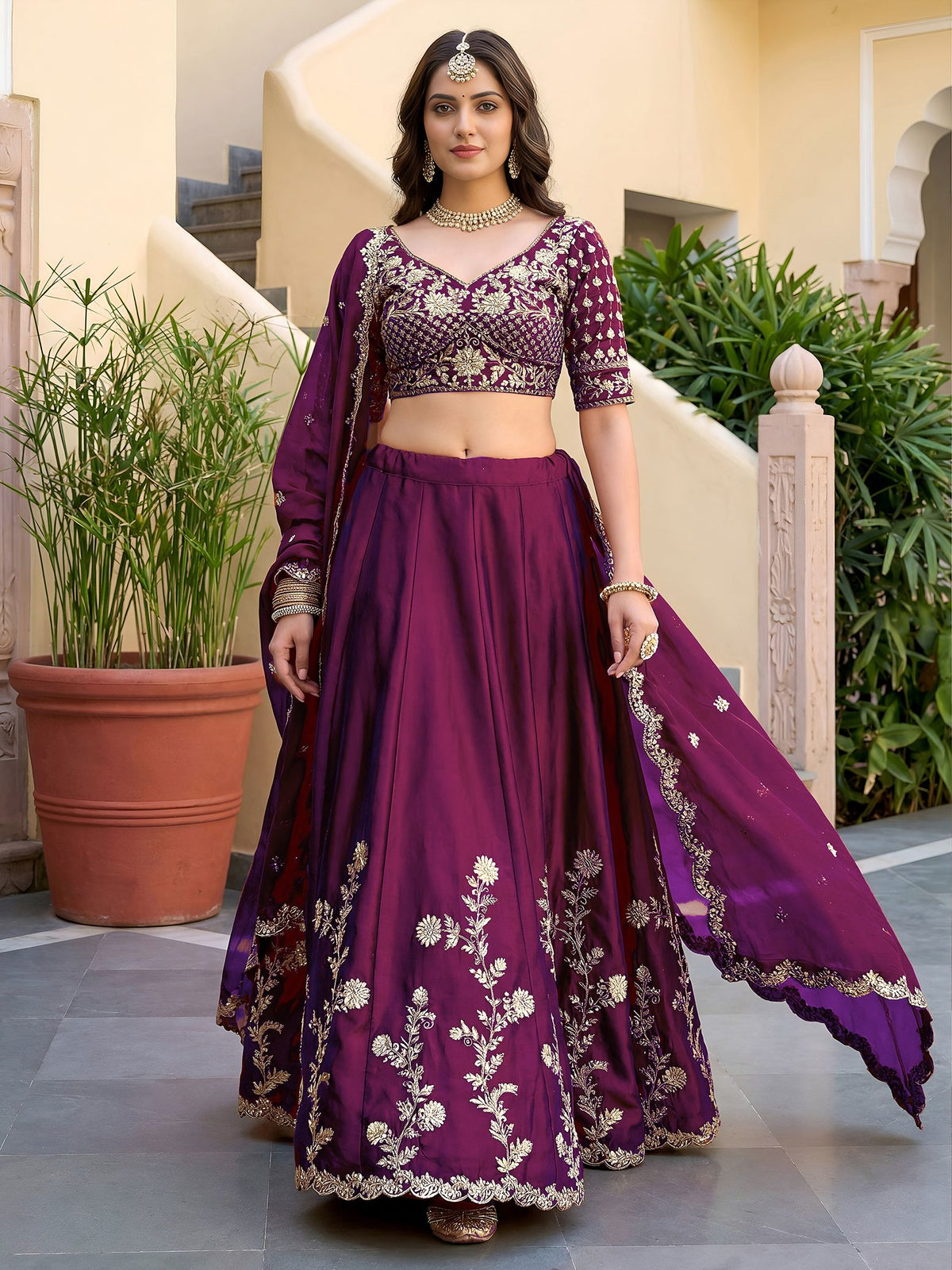 Wine Rangoli Silk Lehenga Choli Semi-Stitched