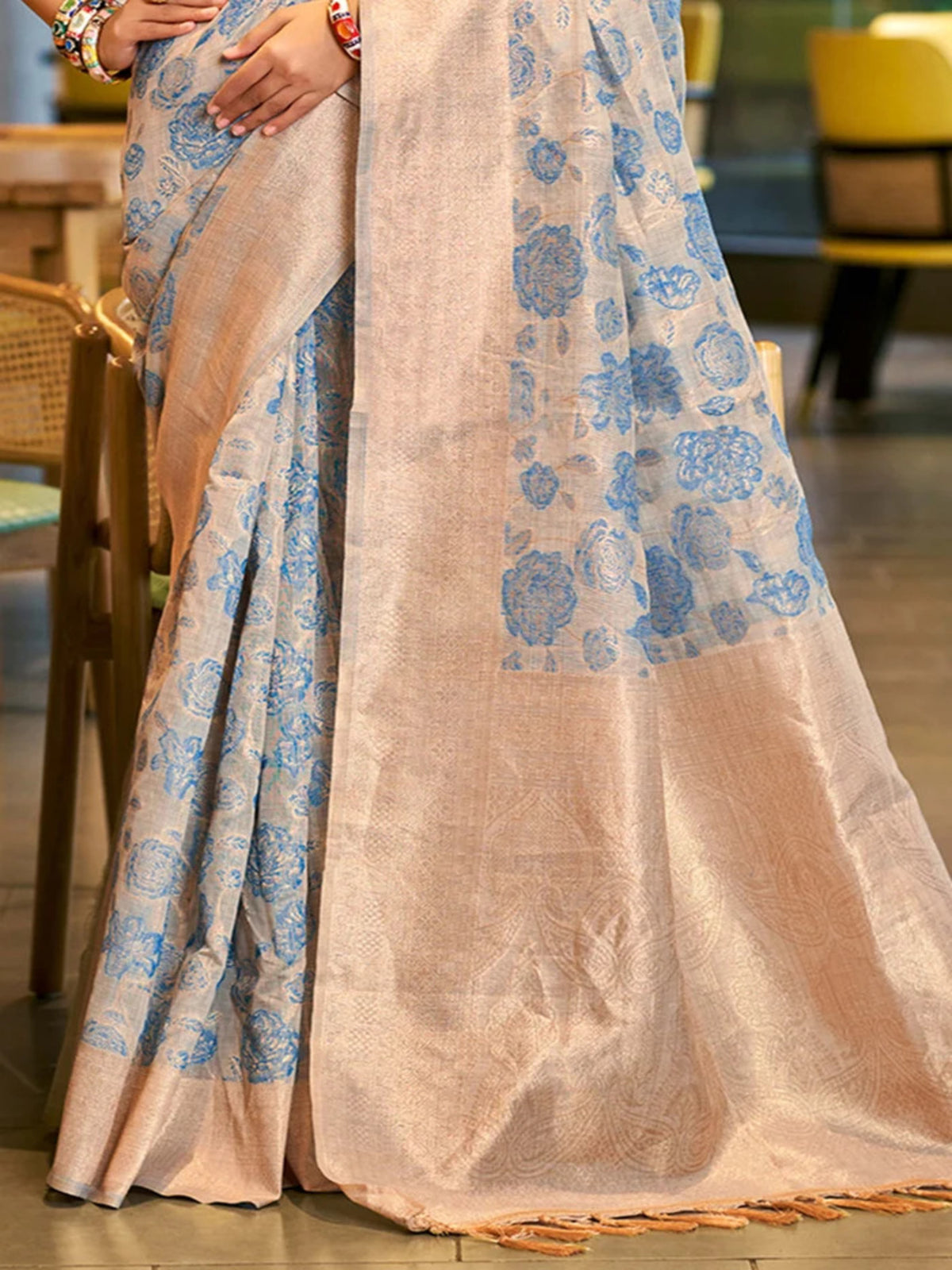 Rangvi Triveni Cotton Silk Designer Saree with Blue Floral Weaving & Zari Border