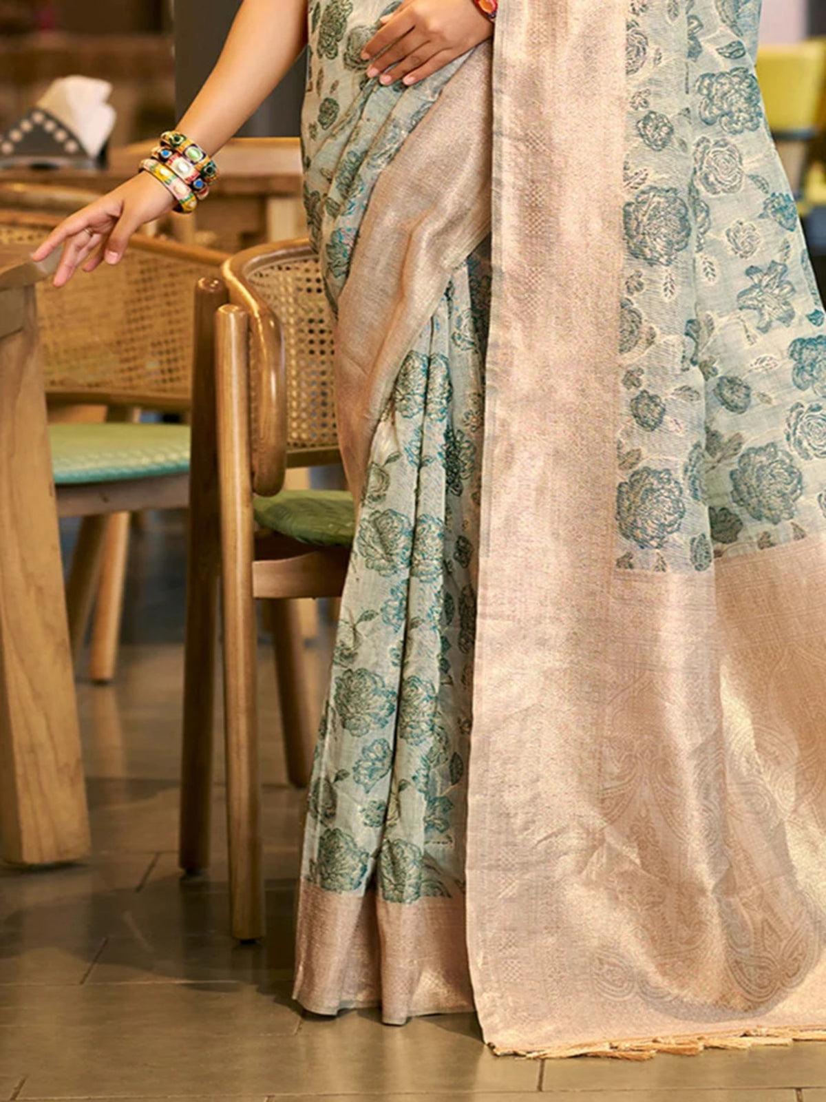 Rangvi Triveni Cotton Silk Designer Saree with Green Floral Weaving & Zari Border