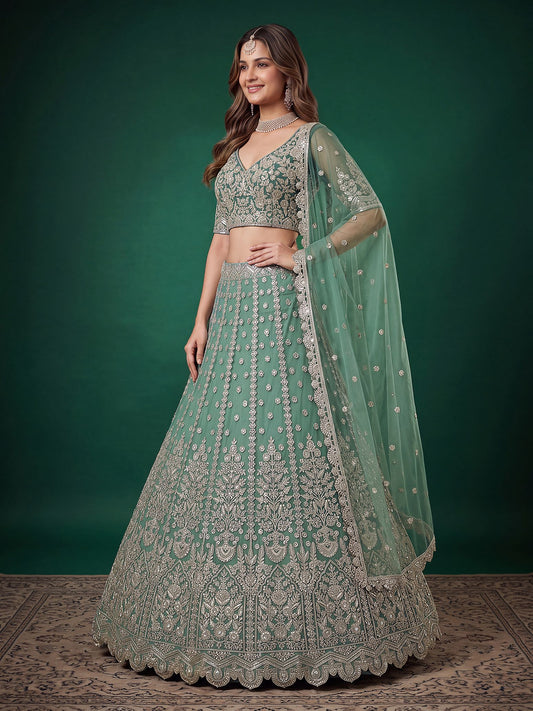 Pista Soft Net Semi-Stitched Lehenga Choli with Dupatta
