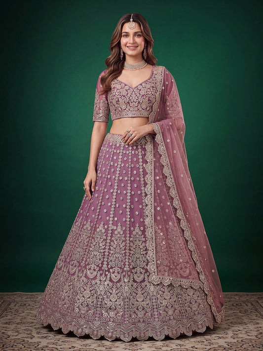 Purple Soft Net Semi-Stitched Lehenga Choli with Dupatta