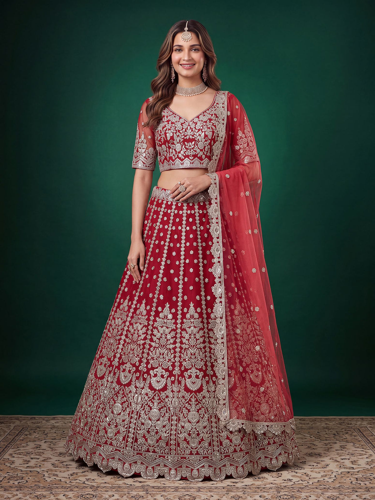 Red Soft Net Semi-Stitched Lehenga Choli with Dupatta