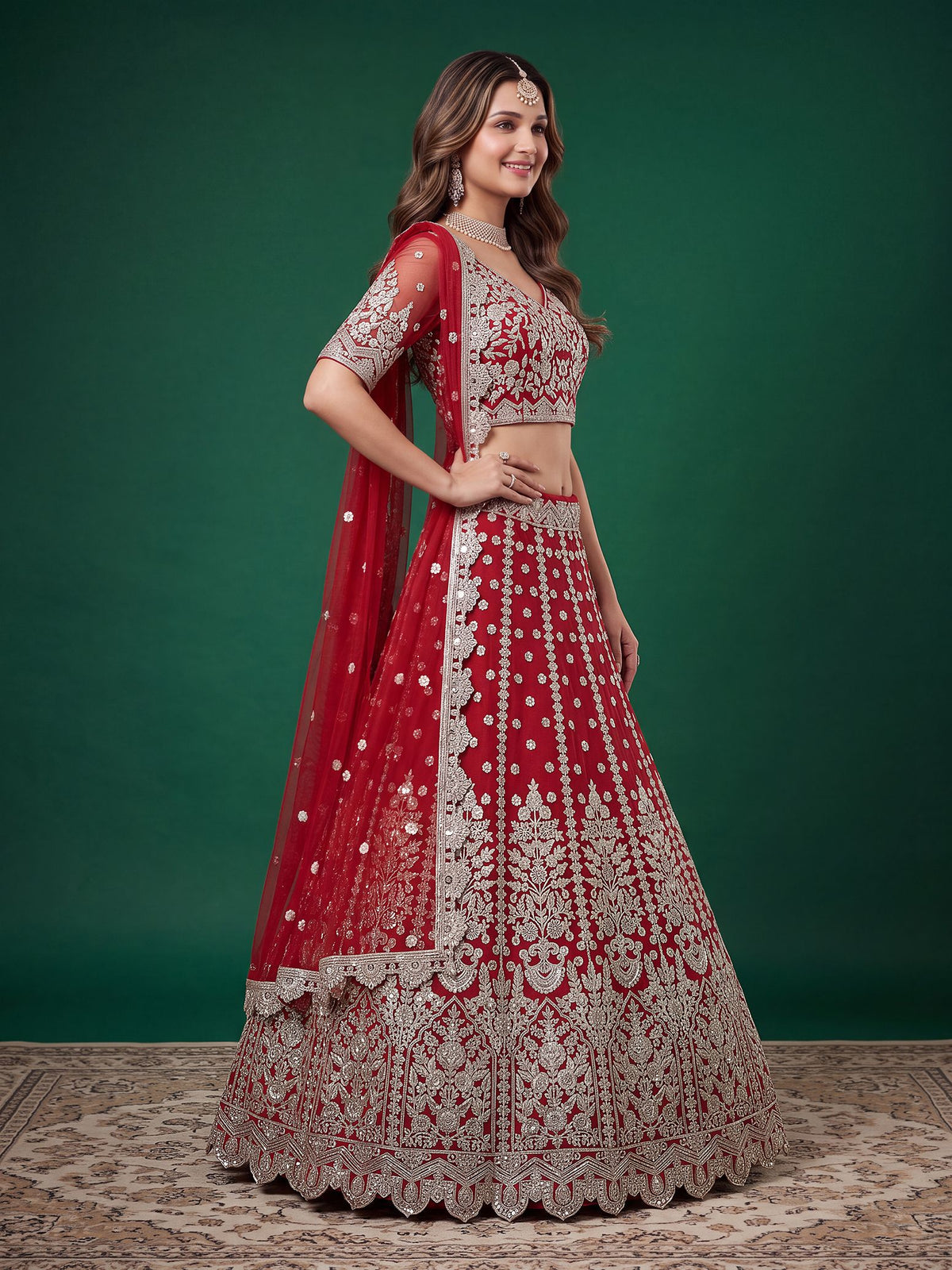 Red Soft Net Semi-Stitched Lehenga Choli with Dupatta