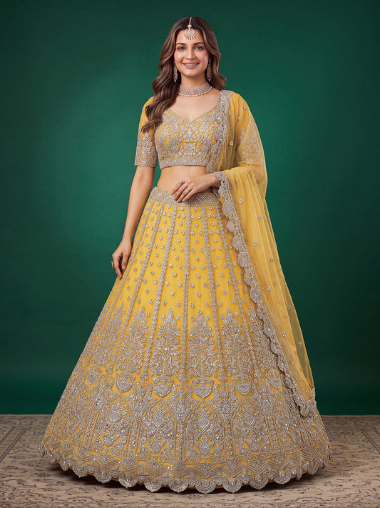 Yellow Soft Net Semi-Stitched Lehenga Choli with Dupatta