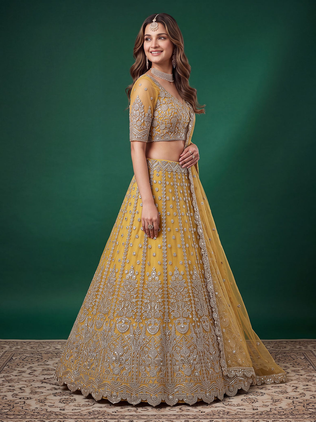 Yellow Soft Net Semi-Stitched Lehenga Choli with Dupatta