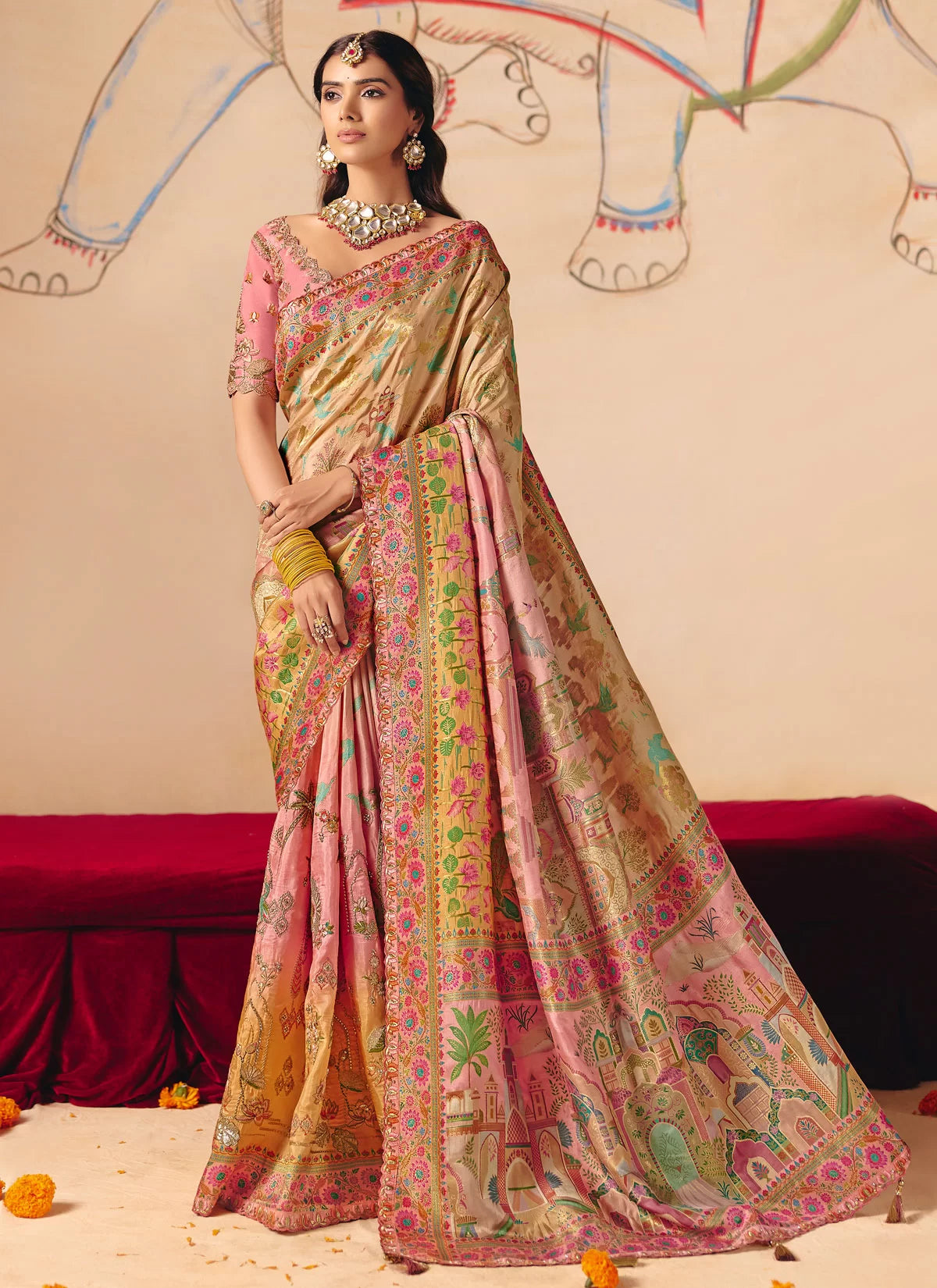 Rangvi Pink New Designer Embroidered Dola Zari Silk Festive Saree