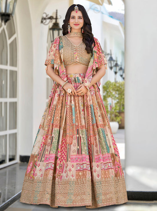 Beige Chinnon Silk Semi-Stitched Lehenga Choli with Chiffon Dupatta