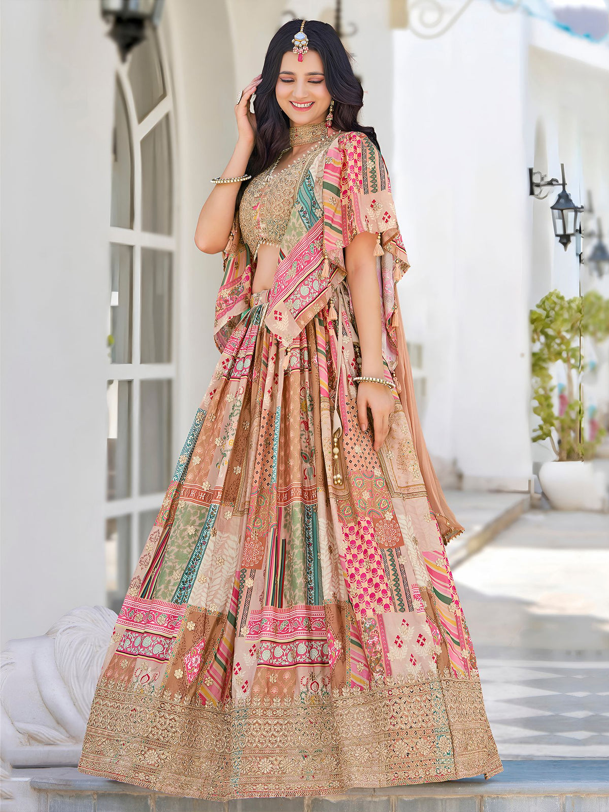 Beige Chinnon Silk Semi-Stitched Lehenga Choli with Chiffon Dupatta