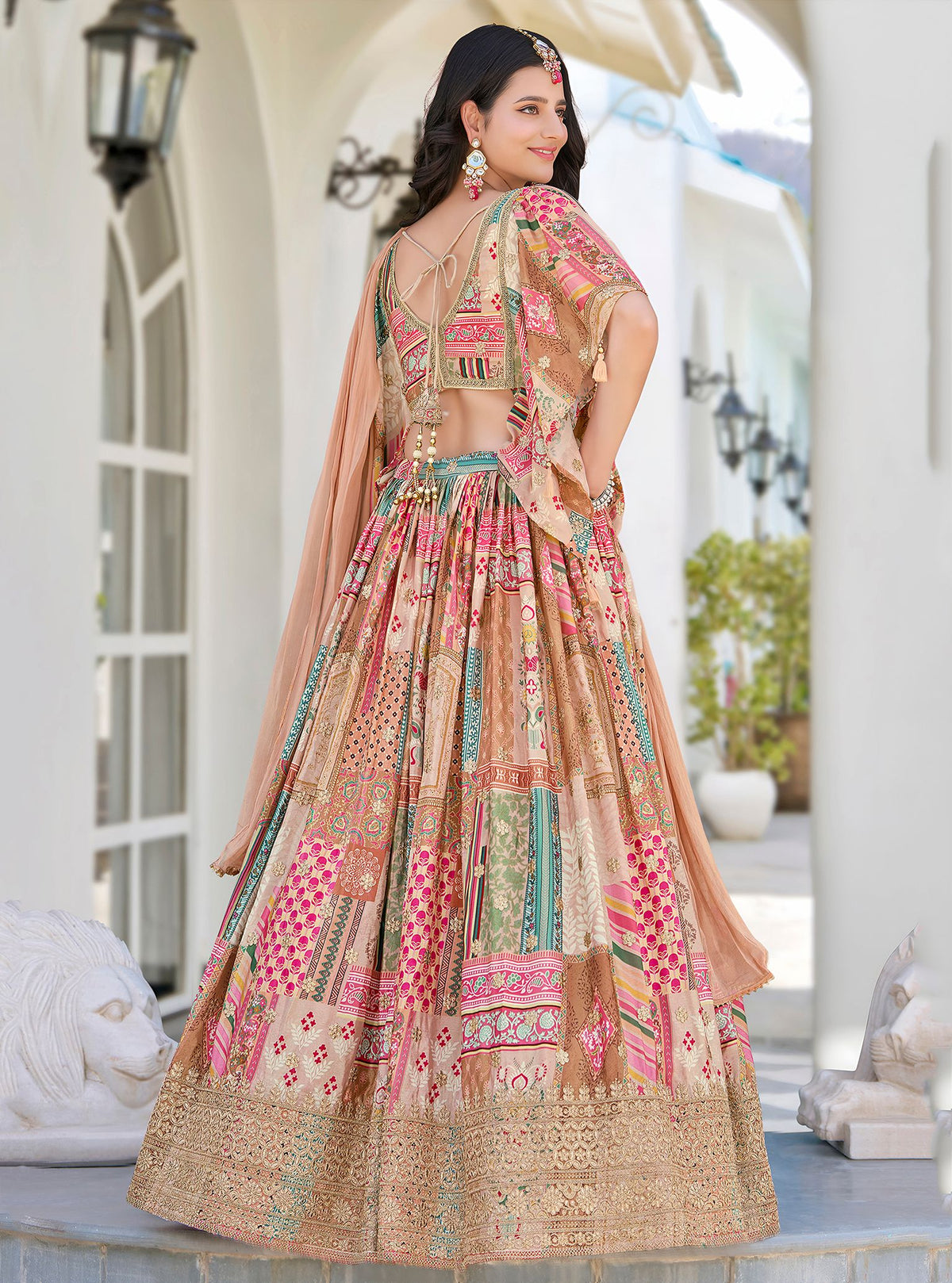 Beige Chinnon Silk Semi-Stitched Lehenga Choli with Chiffon Dupatta