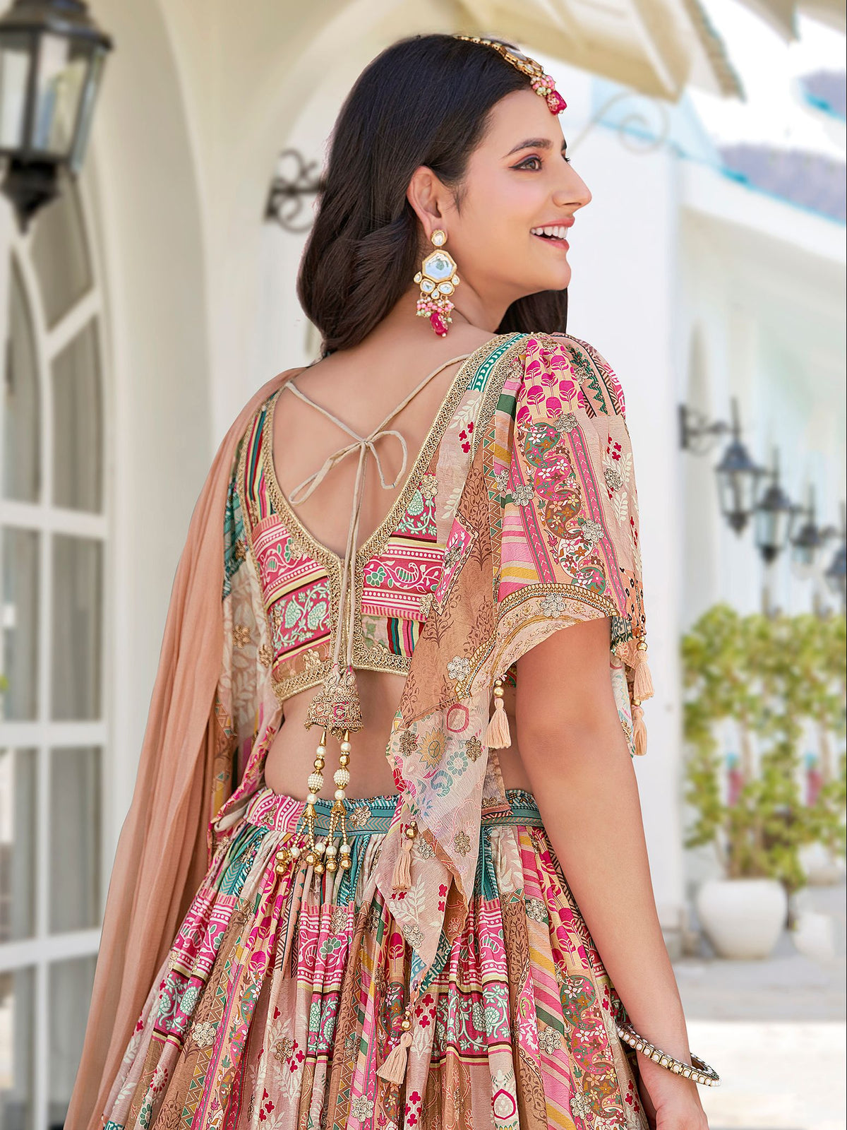 Beige Chinnon Silk Semi-Stitched Lehenga Choli with Chiffon Dupatta