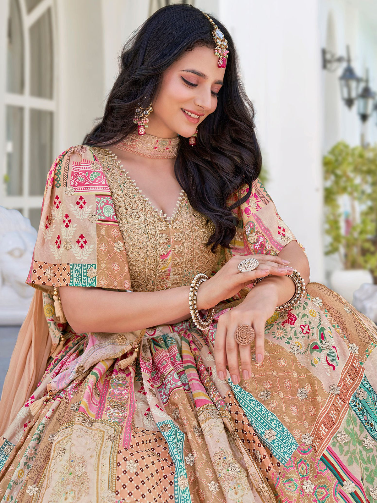 Beige Chinnon Silk Semi-Stitched Lehenga Choli with Chiffon Dupatta
