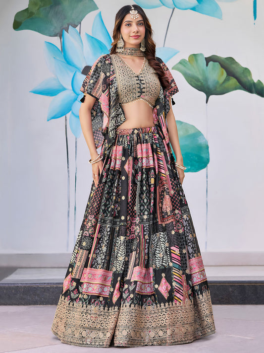 Black Chinnon Silk Semi-Stitched Lehenga Choli with Chiffon Dupatta