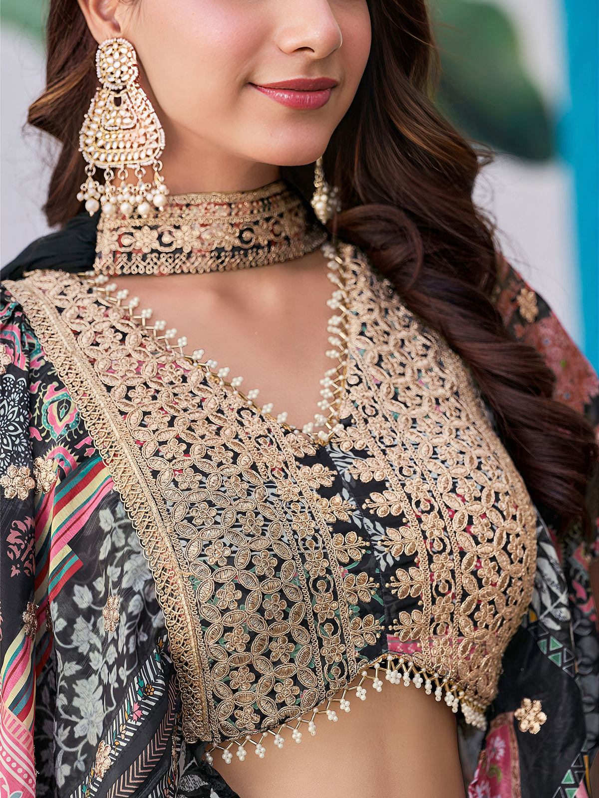 Black Chinnon Silk Semi-Stitched Lehenga Choli with Chiffon Dupatta