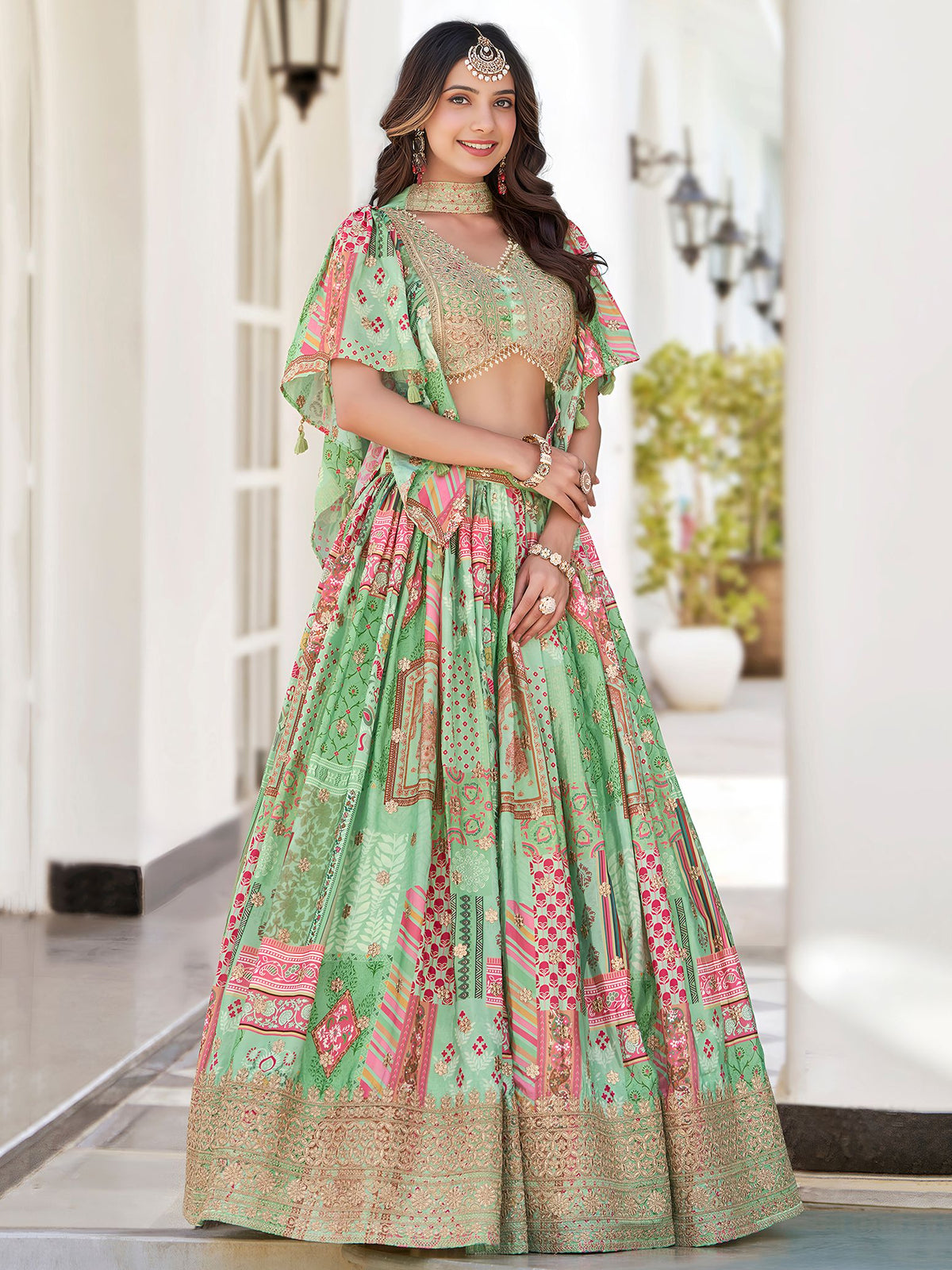 Green Chinnon Silk Semi-Stitched Lehenga Choli with Chiffon Dupatta