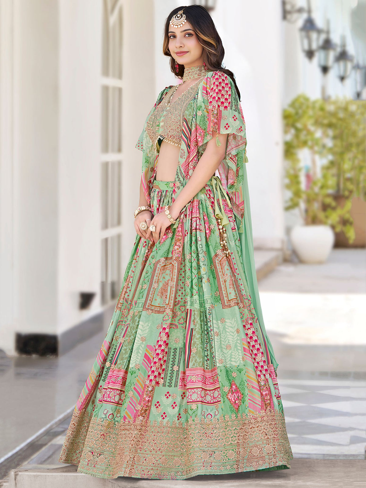 Green Chinnon Silk Semi-Stitched Lehenga Choli with Chiffon Dupatta
