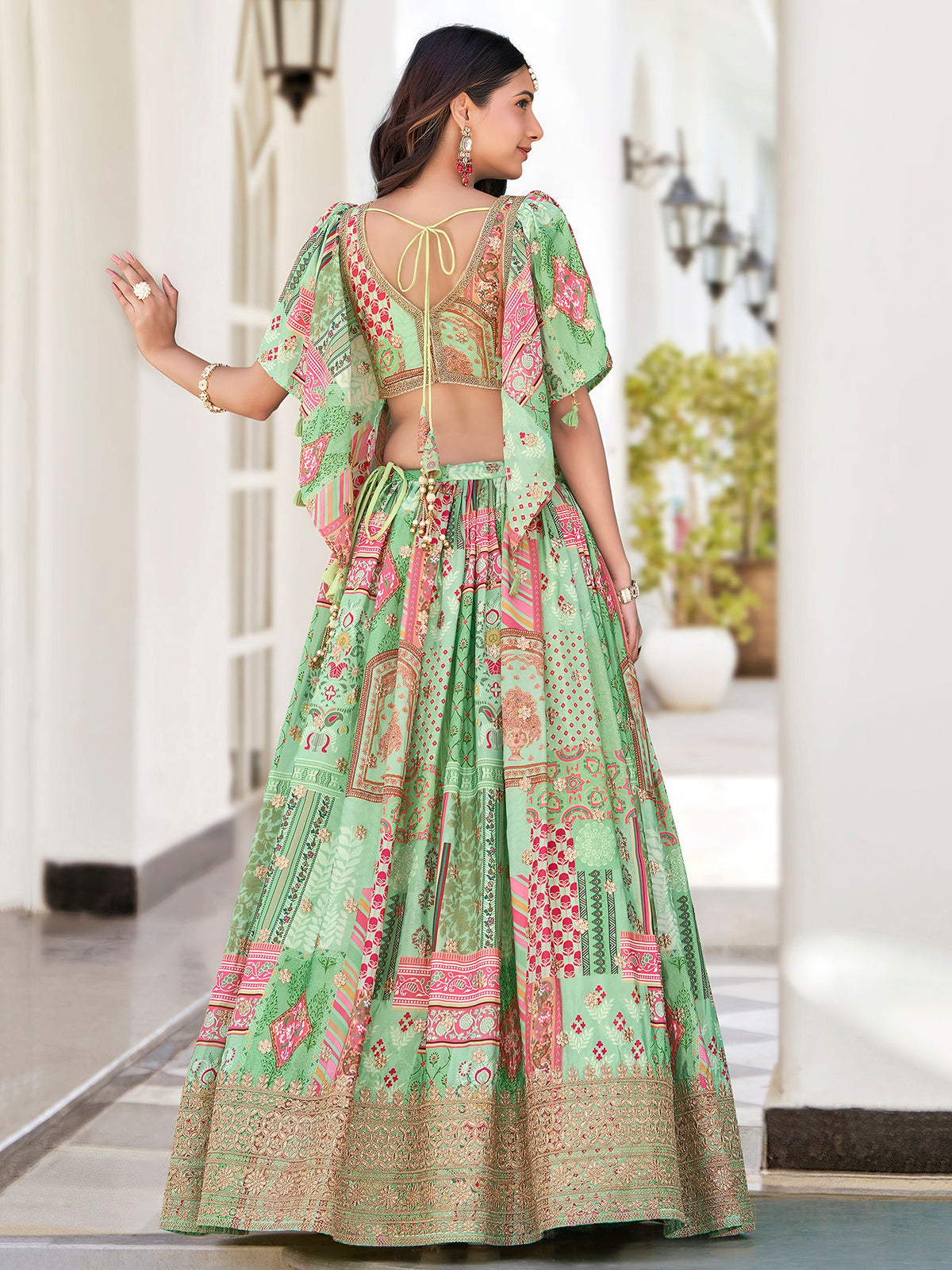 Green Chinnon Silk Semi-Stitched Lehenga Choli with Chiffon Dupatta