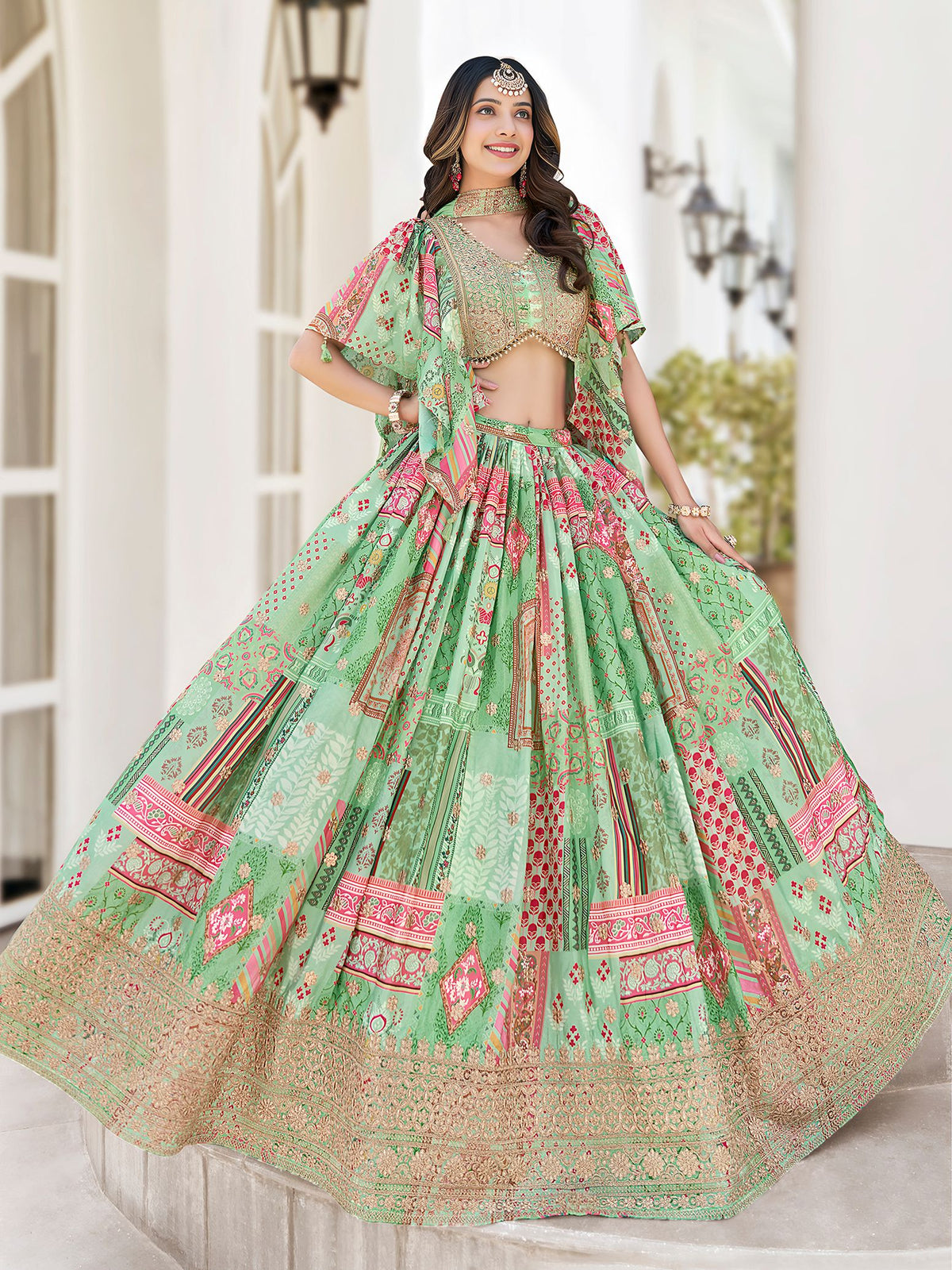Green Chinnon Silk Semi-Stitched Lehenga Choli with Chiffon Dupatta