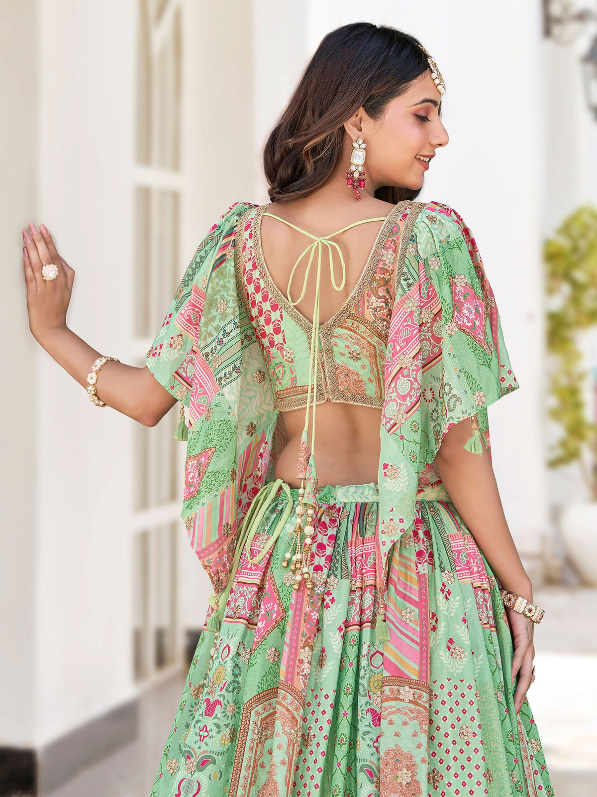 Green Chinnon Silk Semi-Stitched Lehenga Choli with Chiffon Dupatta