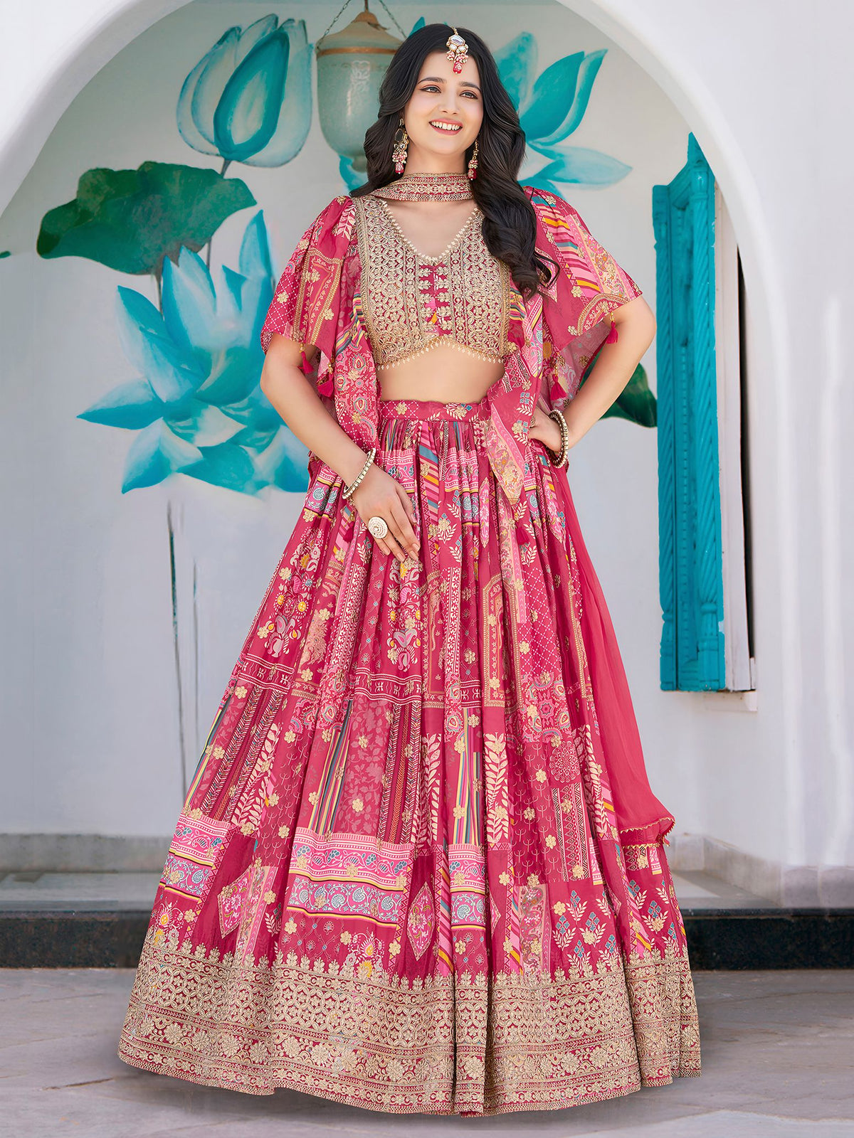 Pink Chinnon Silk Semi-Stitched Lehenga Choli with Chiffon Dupatta