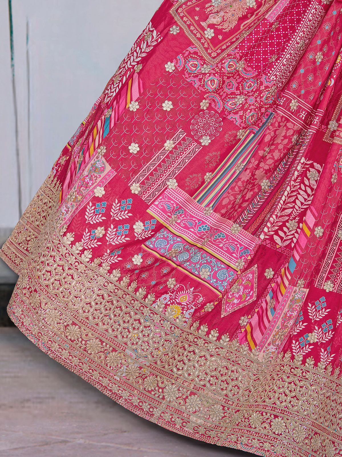 Pink Chinnon Silk Semi-Stitched Lehenga Choli with Chiffon Dupatta