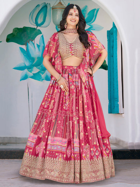 Pink Chinnon Silk Semi-Stitched Lehenga Choli with Chiffon Dupatta