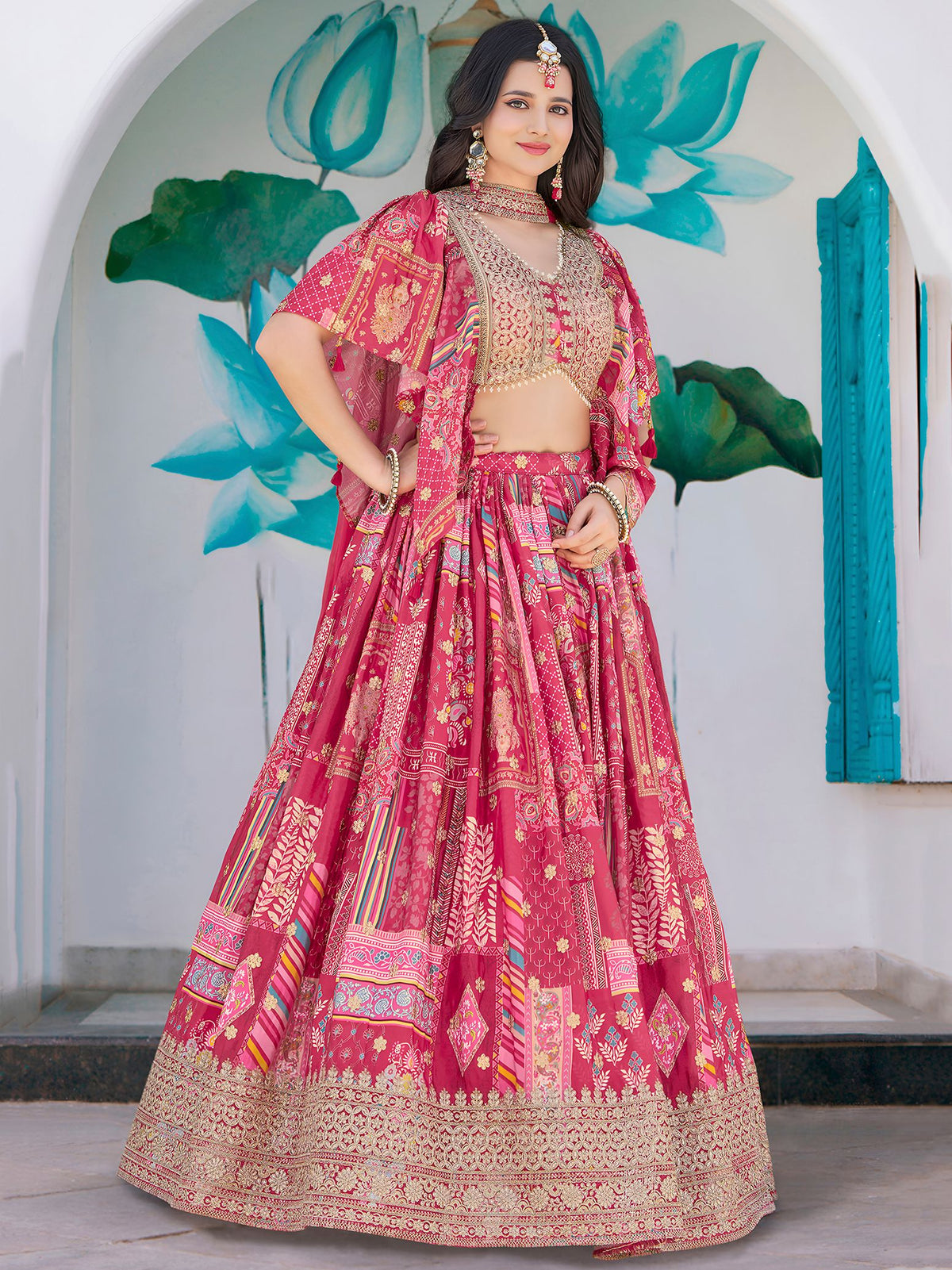 Pink Chinnon Silk Semi-Stitched Lehenga Choli with Chiffon Dupatta