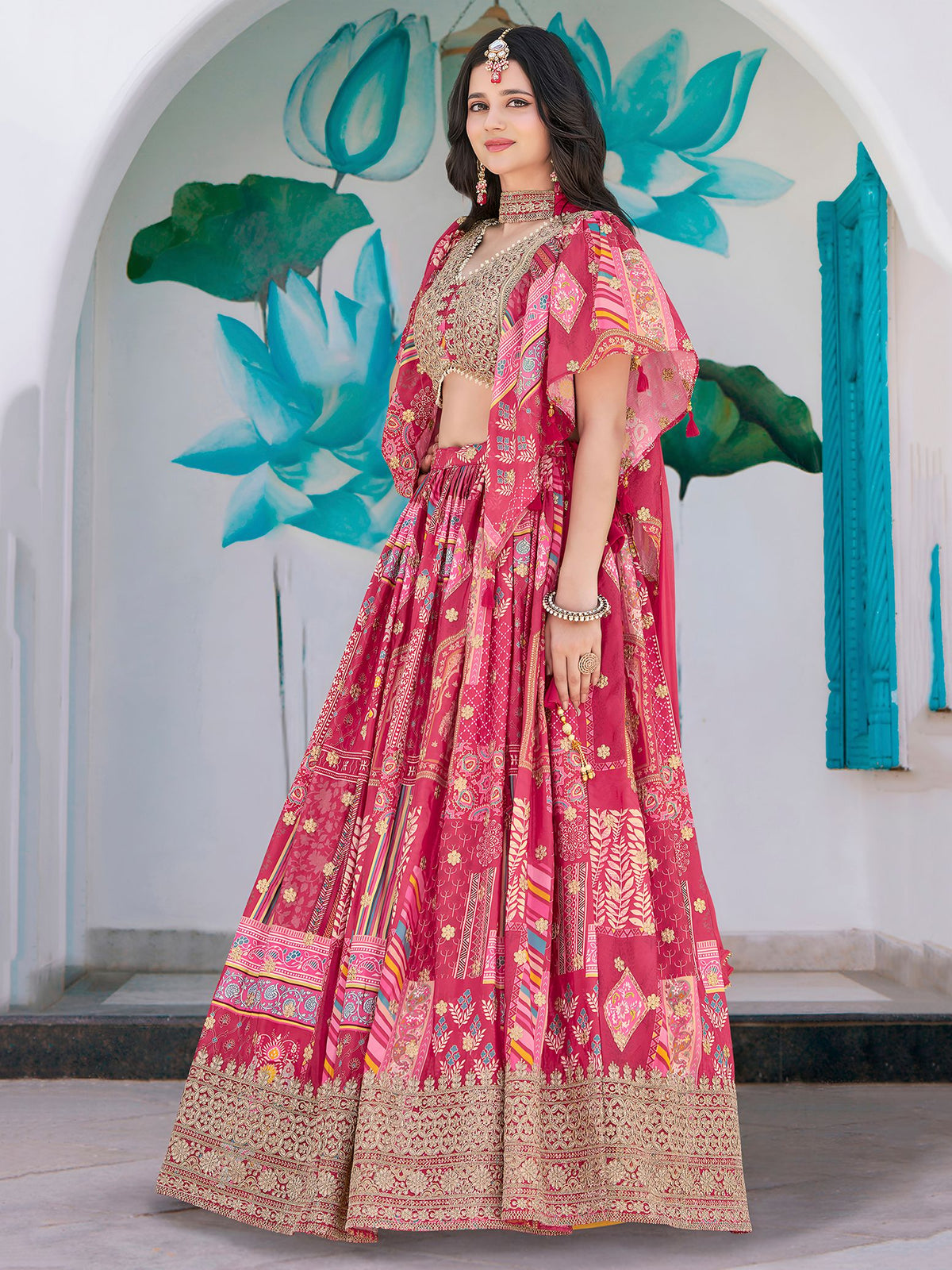 Pink Chinnon Silk Semi-Stitched Lehenga Choli with Chiffon Dupatta
