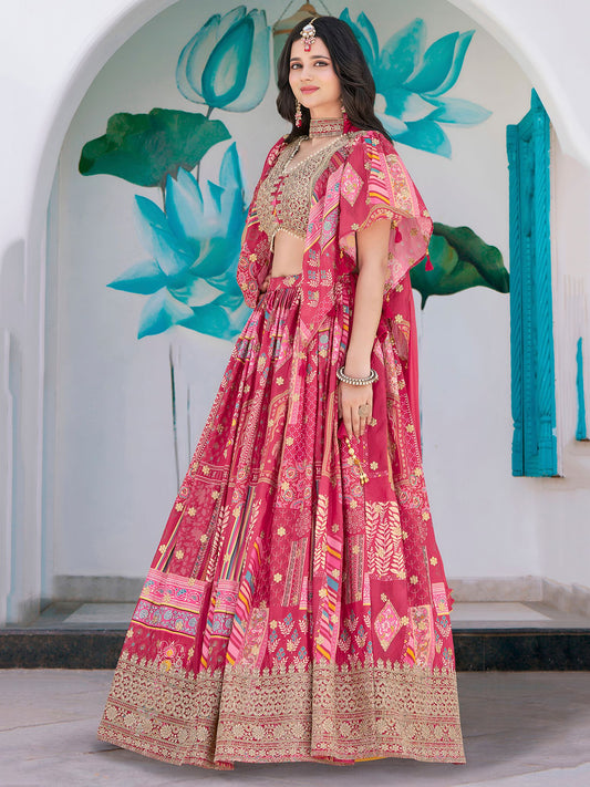 Pink Chinnon Silk Semi-Stitched Lehenga Choli with Chiffon Dupatta