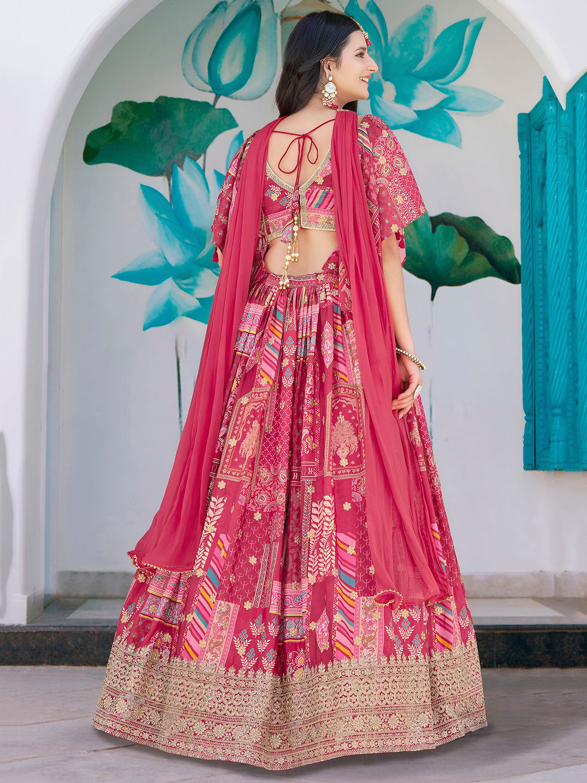 Pink Chinnon Silk Semi-Stitched Lehenga Choli with Chiffon Dupatta