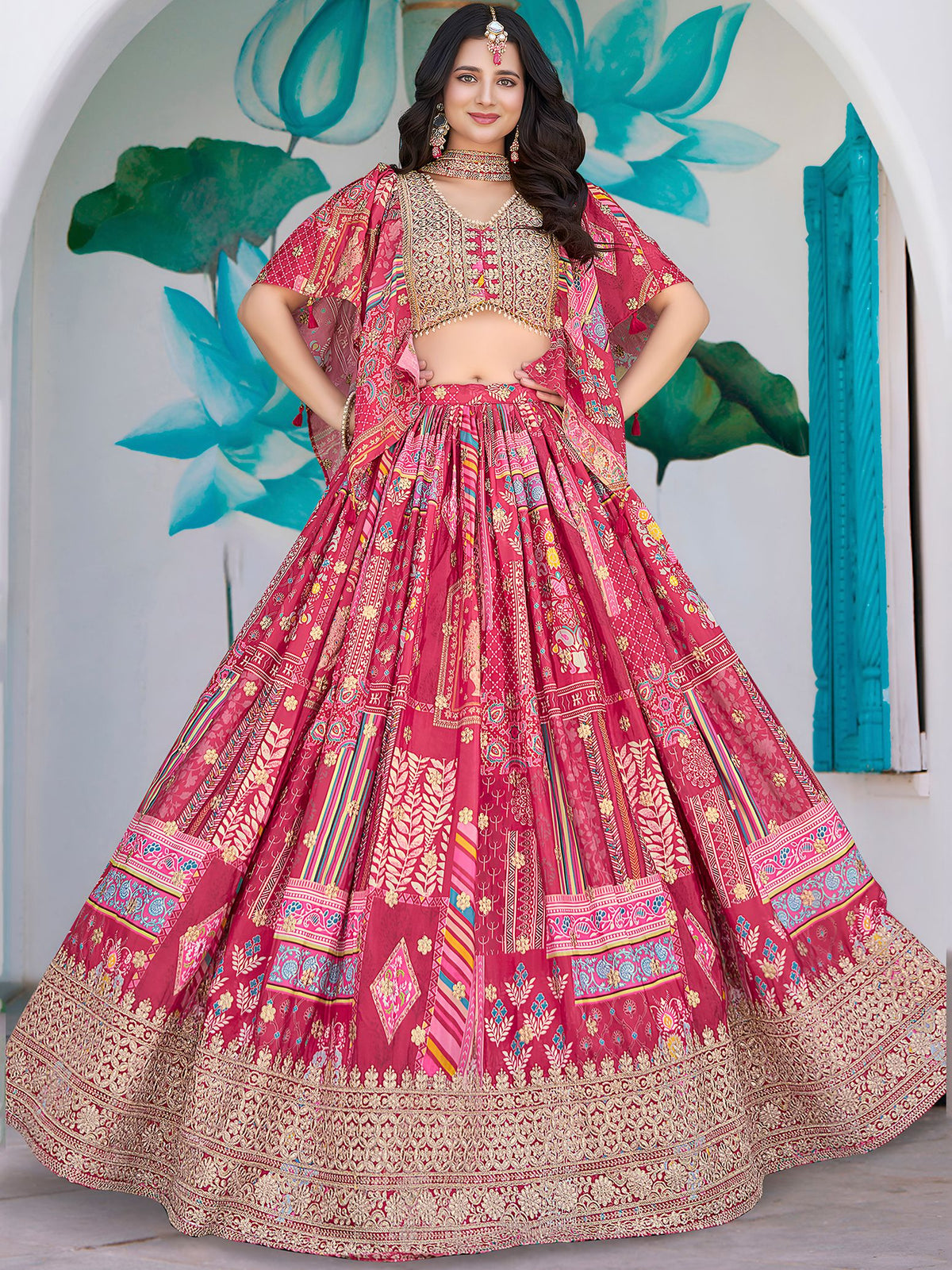 Pink Chinnon Silk Semi-Stitched Lehenga Choli with Chiffon Dupatta