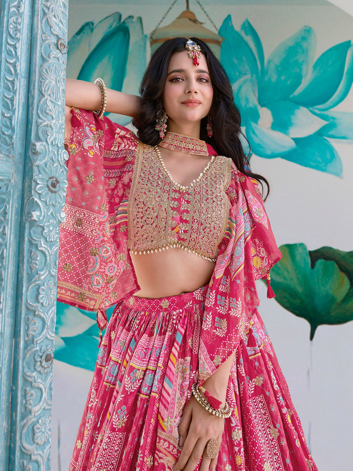 Pink Chinnon Silk Semi-Stitched Lehenga Choli with Chiffon Dupatta